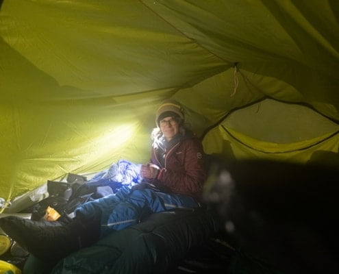 In de tent tijdens de Kungsleden trail in Zweeds Lapland