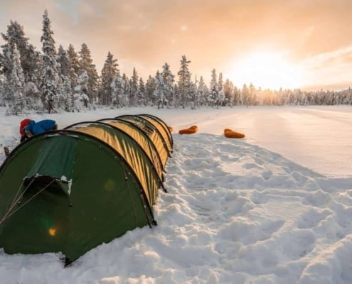 Tent in Swedish Lapland with sunset
