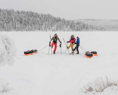 Expeditie in de sneeuw van Zweeds Lapland