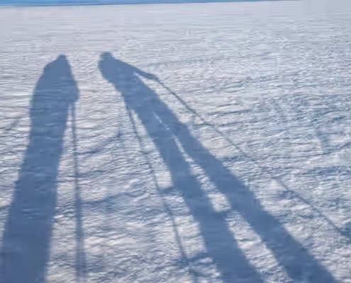 Sterrennachtensneeuwlandschap met lange schaduwen van sneeuwscooters op ijs.