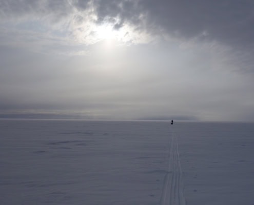 Rustige sneeuwvlakte met enkelspoor en een persoon in de verte tijdens bewolkt weer in de Arctic.